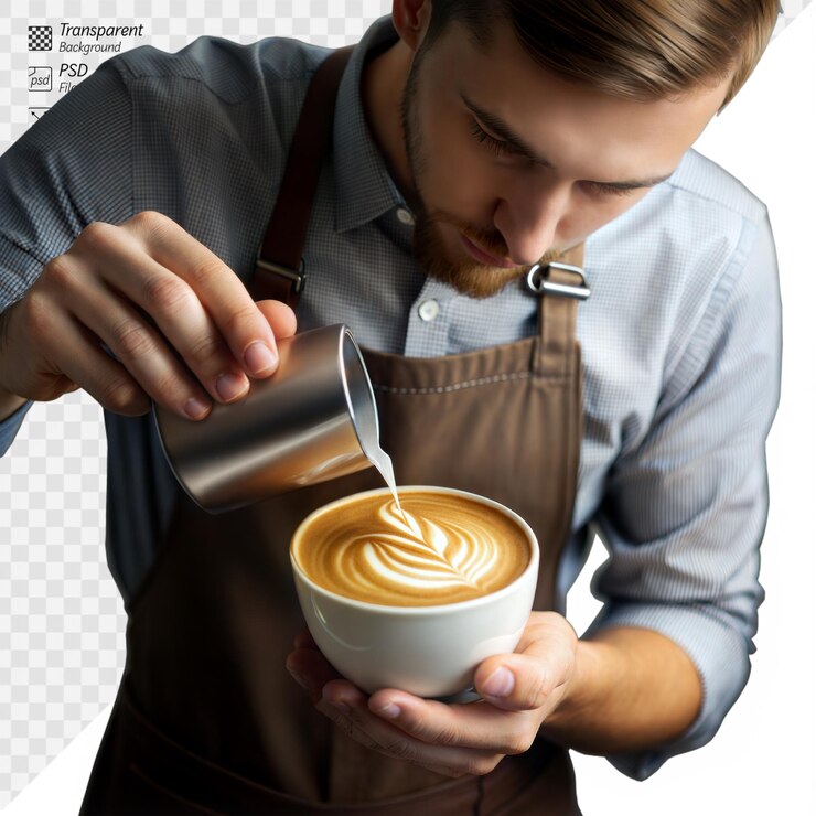 PSD un hábil barista vierte leche para crear un latte perfecto