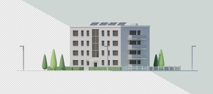 PSD habitação multifamiliar 3d com painéis solares vista lateral