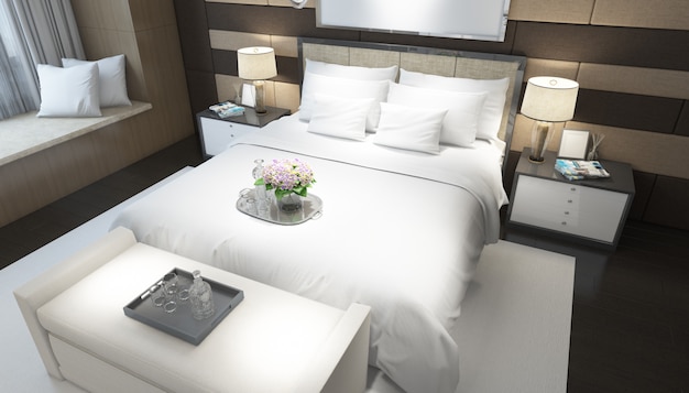 habitación doble moderna brillante y realista con muebles