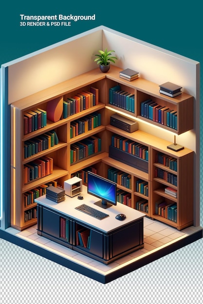 Una habitación con un estante con estantes de libros y una computadora en el estante