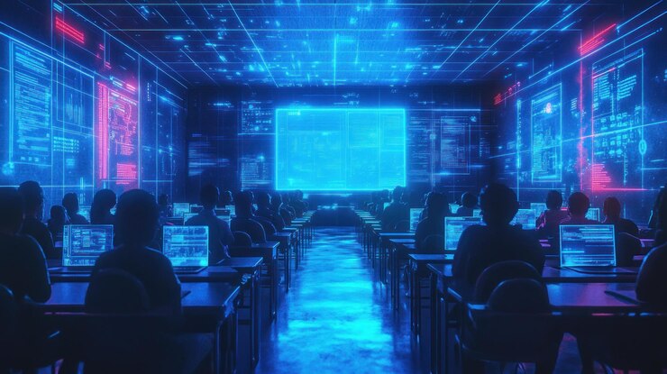 PSD una habitación grande llena de personas frente a pantallas de computadora con una pantalla grande en la parte trasera que muestra líneas azules brillantes