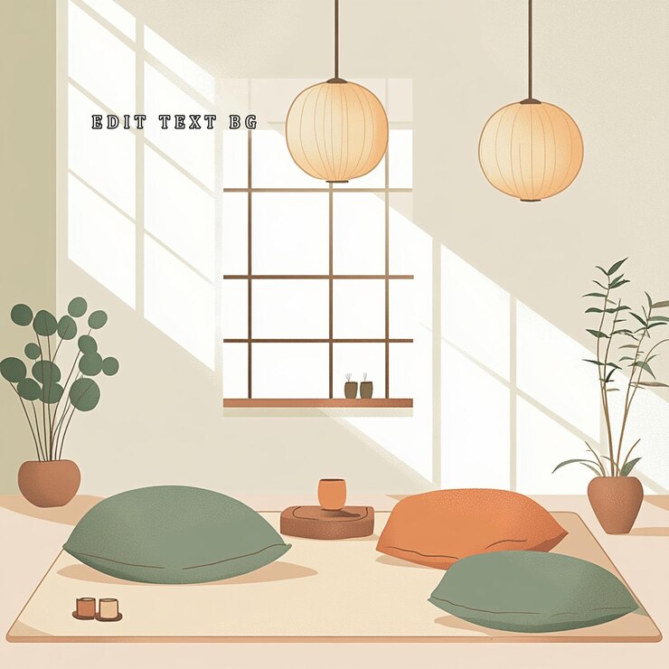 PSD habitación iluminada por el sol con almohadas en el suelo, plantas y luces colgantes