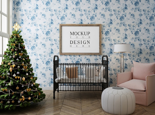Habitación infantil con marco de póster de maqueta y árbol de navidad