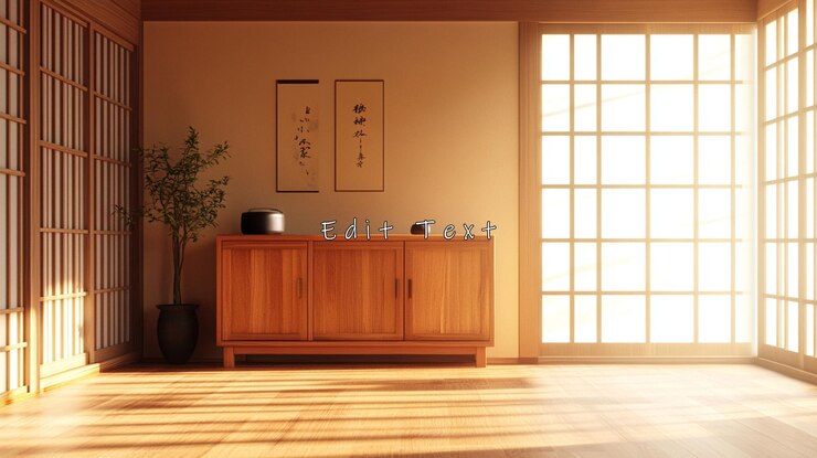 PSD habitación japonesa minimalista iluminada por el sol con armario de madera
