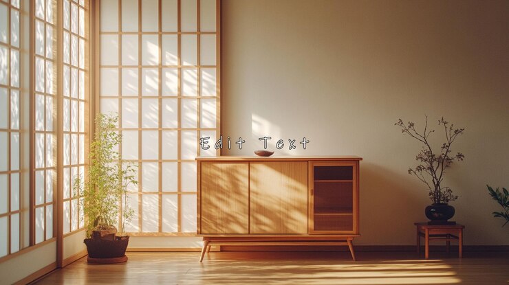 PSD habitación minimalista iluminada por el sol con gabinete de madera y plantas con pantalla shoji