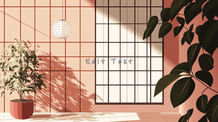 PSD habitación minimalista iluminada por el sol con plantas y pantalla shoji