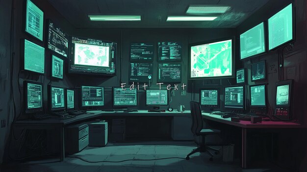 Una habitación oscura llena de monitores de computadora que muestran datos