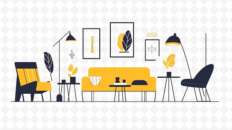 PSD una habitación con un sofá amarillo y imágenes en la pared