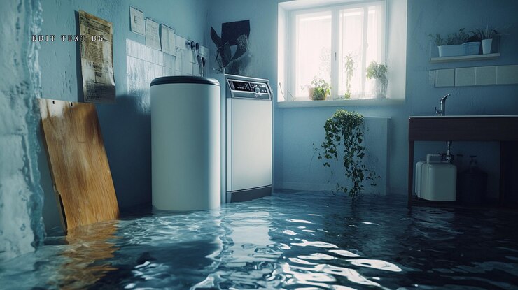 PSD habitación de sótano inundada con electrodomésticos dañados por el agua sumergidos y paredes húmedas