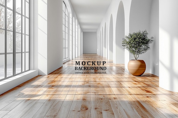 Una habitación vacía con paredes blancas y un piso de madera una maqueta para una plantilla de presentación de diseño de interiores