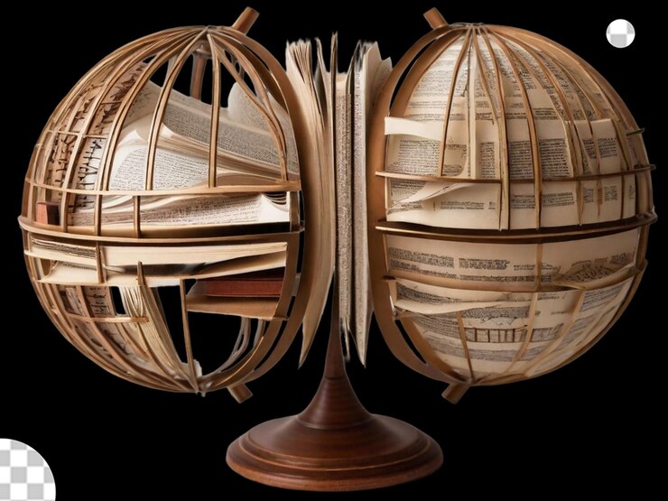 PSD hacer un globo con secciones huecas cada una llena de elementos literarios icónicos como plumas rollos y libros abiertos esto representa la idea de que el mundo está moldeado por historias