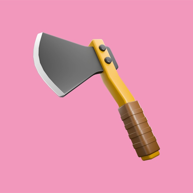 un hacha de icono 3D con un filo metálico y con un mango de color marrón