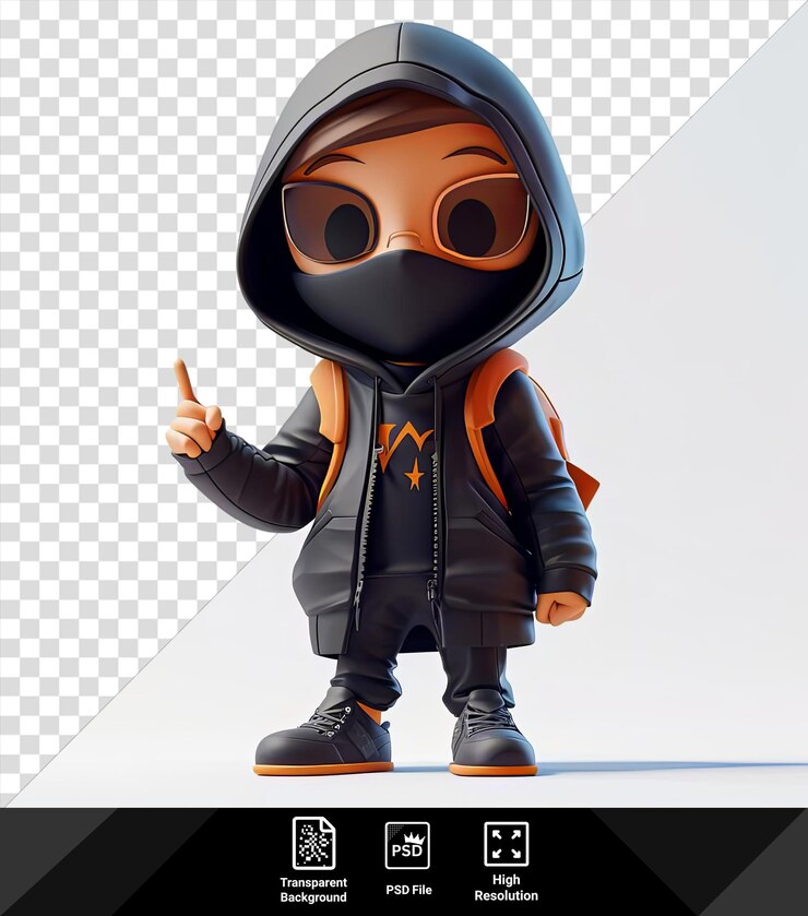 PSD hacker anónimo de dibujos animados en 3d con sudadera negra con cara naranja y brazo negro sosteniendo una mano hacia la cámara