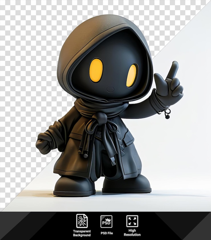 PSD hacker anónimo de dibujos animados en 3d en traje negro sosteniendo un papel blanco con un juguete negro mientras una mano y un brazo negros son visibles en primer plano