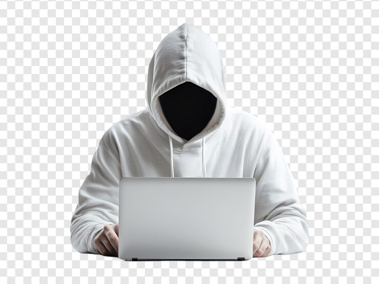 PSD hacker anónimo usando una computadora portátil con capucha blanca seguridad cibernética