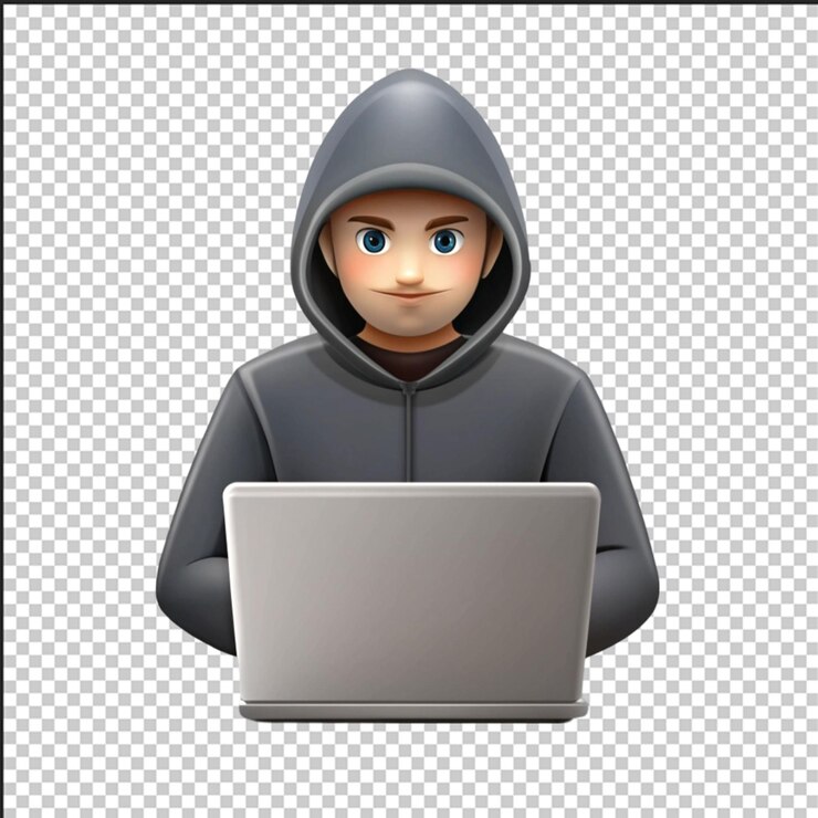 PSD hacker con capucha y máscara que oculta su cara trabaja en portátil png aislado en fondo transparente