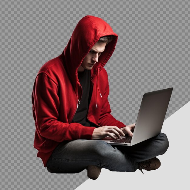 PSD hacker con capucha usando un portátil png aislado en un fondo transparente