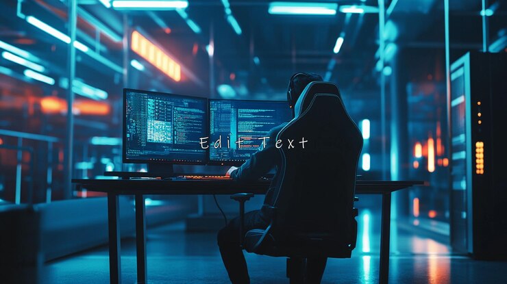 PSD hacker codificando tarde en la noche en una sala de servidores