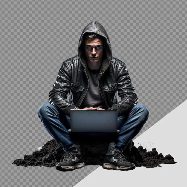 PSD hacker com capuz usando laptop png isolado em fundo transparente