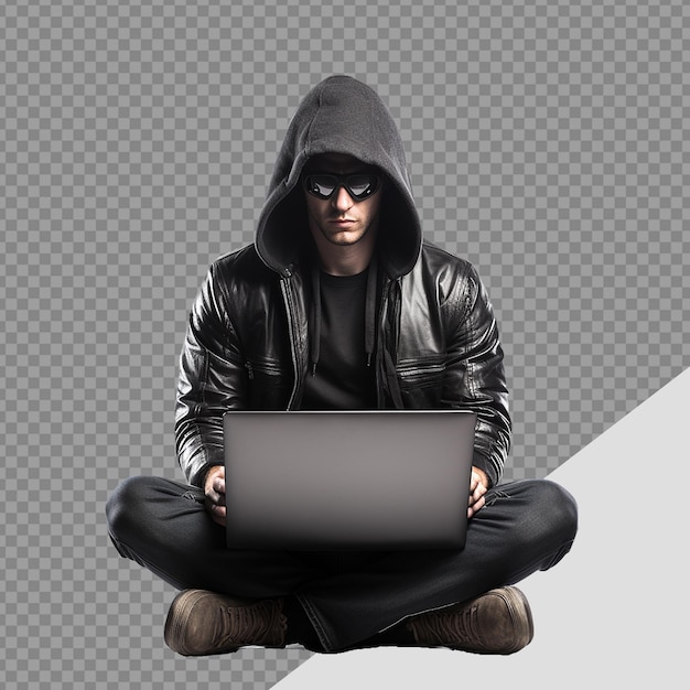 PSD hacker com capuz usando laptop png isolado em fundo transparente