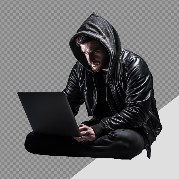 PSD hacker com capuz usando laptop png isolado em fundo transparente