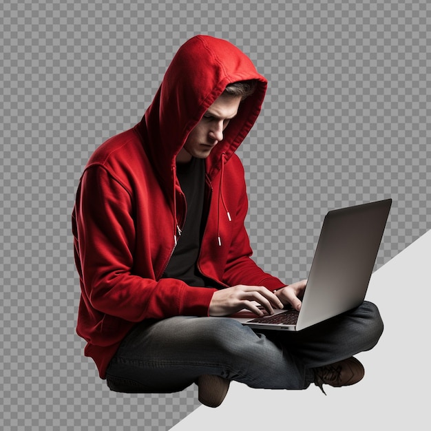 PSD hacker com capuz usando laptop png isolado em fundo transparente