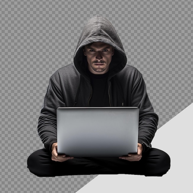 PSD hacker com capuz usando laptop png isolado em fundo transparente