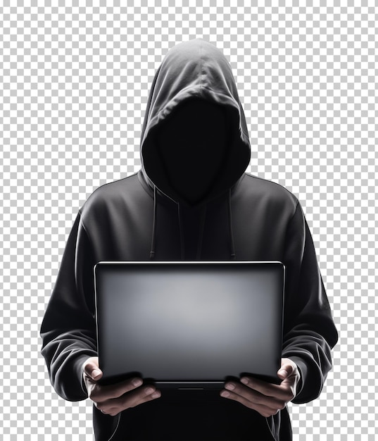 Hacker con una computadora portátil aislada en un fondo transparente