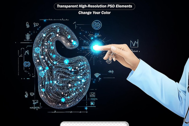 PSD hacker con interfaccia medica blu luminosa astratta sullo sfondo con icone