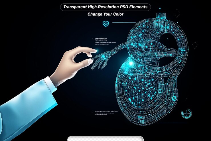 PSD hacker con interfaccia medica blu luminosa astratta sullo sfondo con icone