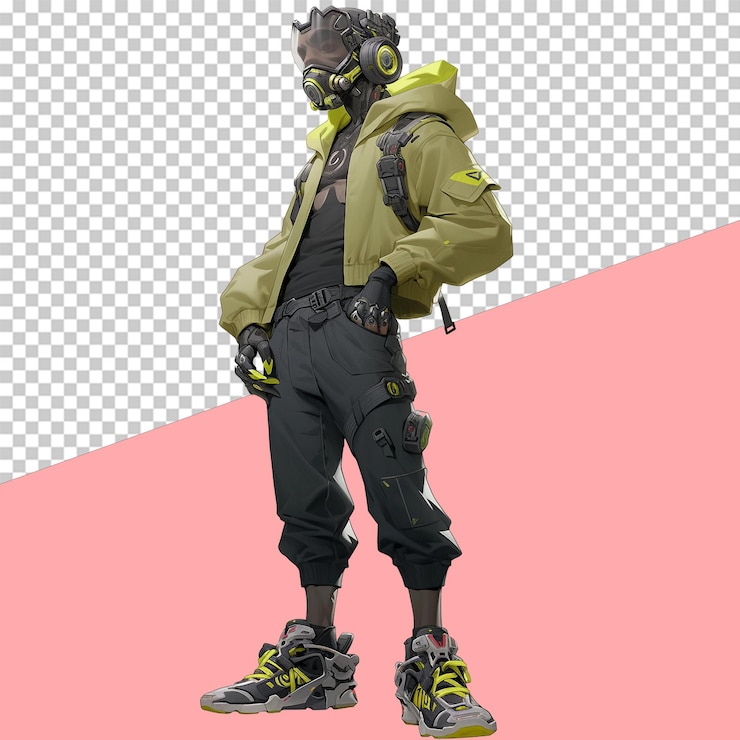 PSD hacker cyberpunk enmascarado cuerpo completo objeto aislado fondo transparente