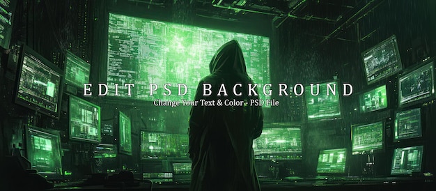Hacker cyberpunk en una habitación llena de monitores
