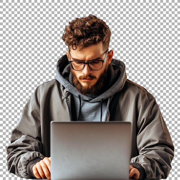 Hacker con gafas y trabajando en una computadora portátil en un fondo transparente generado por AI