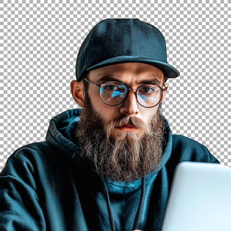 PSD hacker con gafas y trabajando en una computadora portátil en un fondo transparente generado por ai
