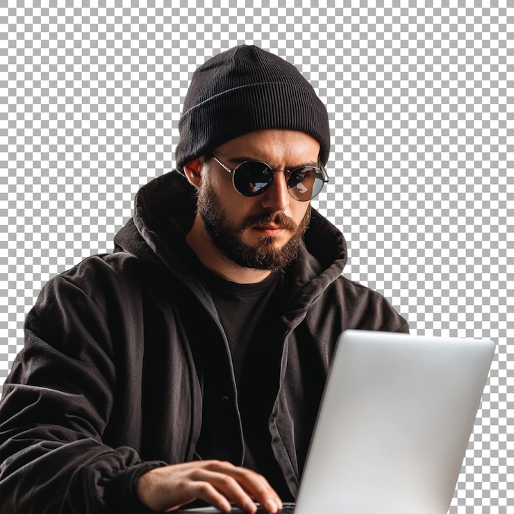 PSD hacker con gafas y trabajando en una computadora portátil en un fondo transparente generado por ai