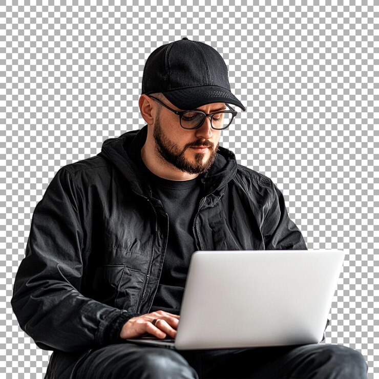 PSD hacker con gafas y trabajando en una computadora portátil en un fondo transparente generado por ai