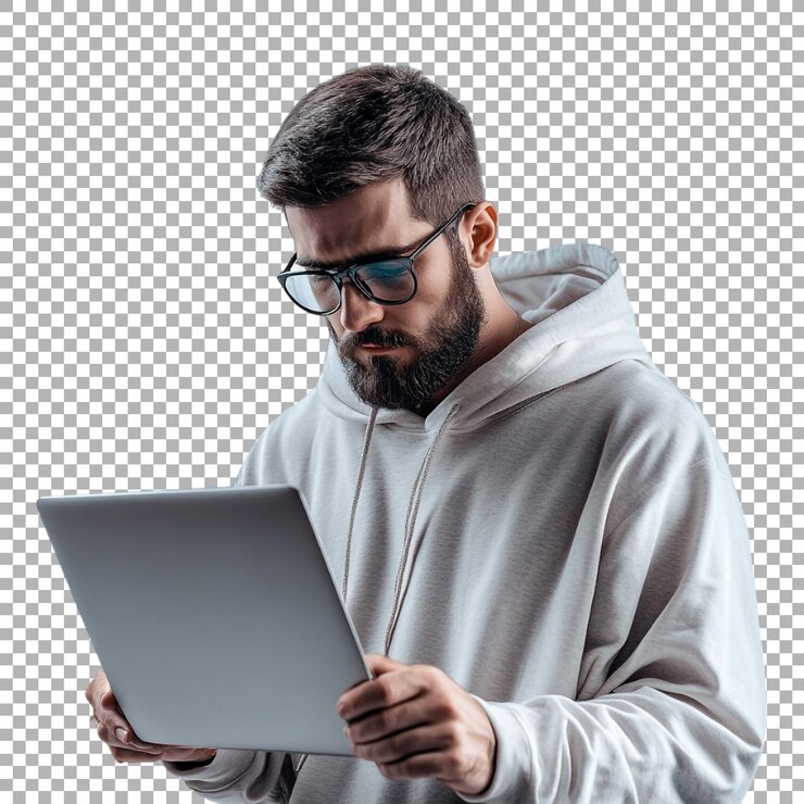 PSD hacker con gafas y trabajando en una computadora portátil en un fondo transparente generado por ai