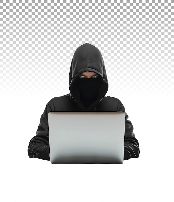 PSD hacker isolato su laptop con sfondo trasparente