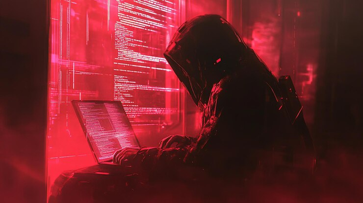 PSD hacker misterioso trabalhando tarde da noite em um laptop em uma sala mal iluminada com código vermelho brilhante