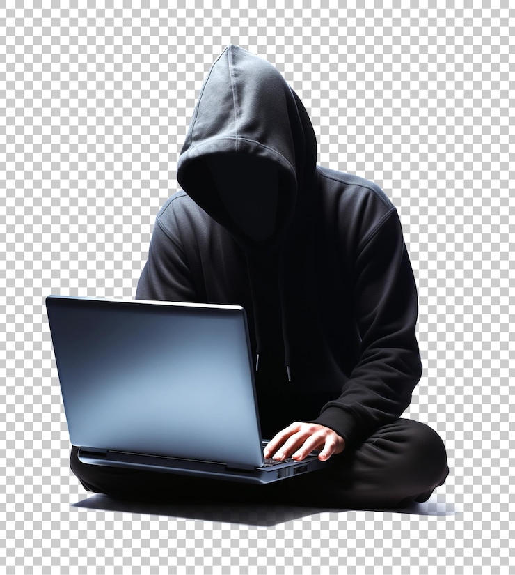 PSD hacker mit laptop isoliert auf durchsichtigem hintergrund