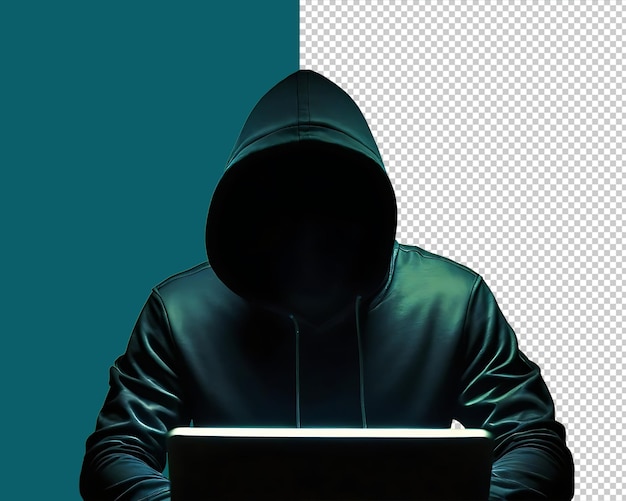 PSD hacker mit laptop, isolierter auf durchsichtigem hintergrund