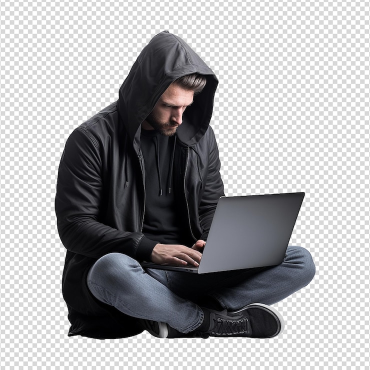 PSD hacker o un hombre con capucha usando una computadora portátil aislada en un fondo transparente png