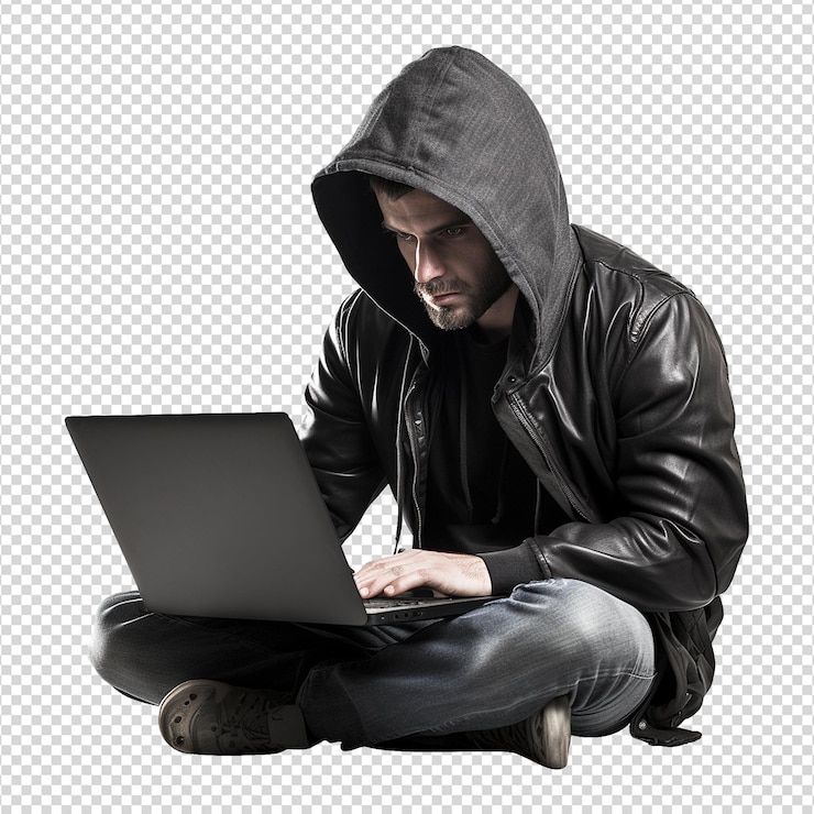 PSD hacker o un hombre con capucha usando una computadora portátil aislada en un fondo transparente png