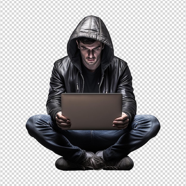 PSD hacker o un hombre con capucha usando una computadora portátil aislada en un fondo transparente png