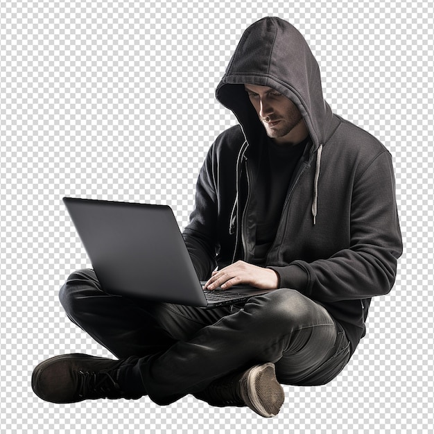 PSD hacker o un hombre con capucha usando una computadora portátil aislada en un fondo transparente png