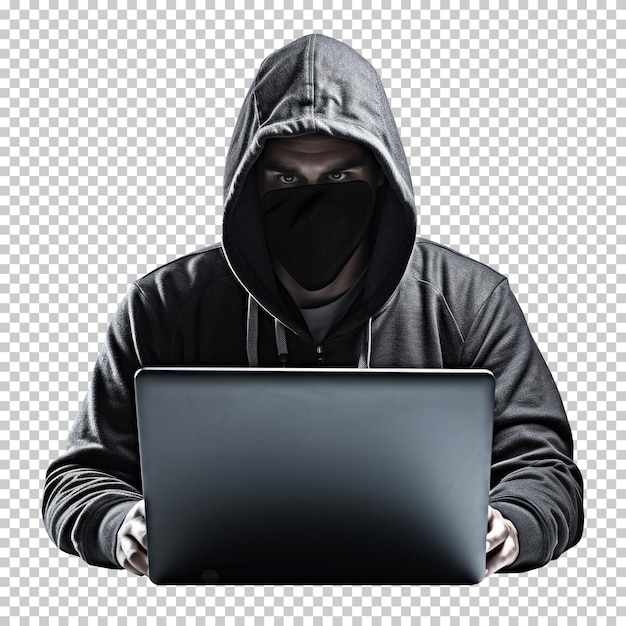 Hacker o un hombre con capucha usando una computadora portátil aislado sobre fondo transparente