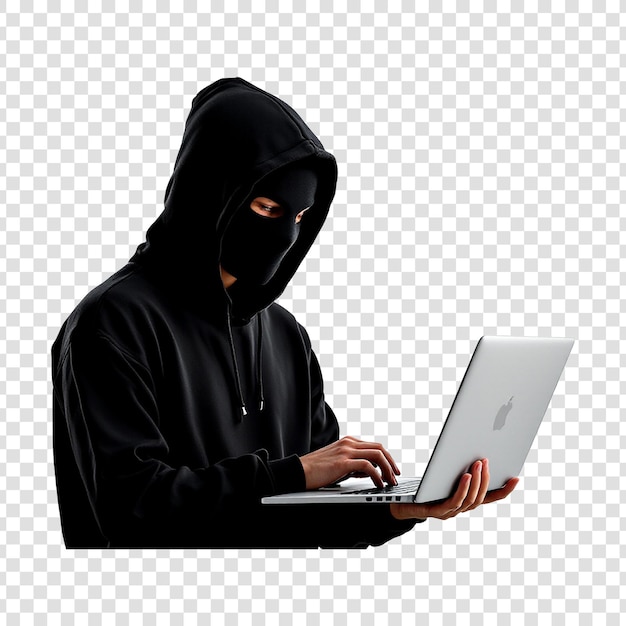 Hacker o un hombre con capucha usando una computadora portátil