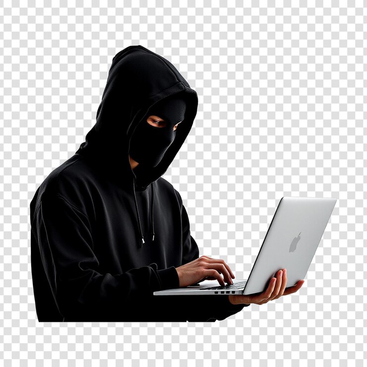 PSD hacker oder ein mann mit kapuze, der laptop benutzt