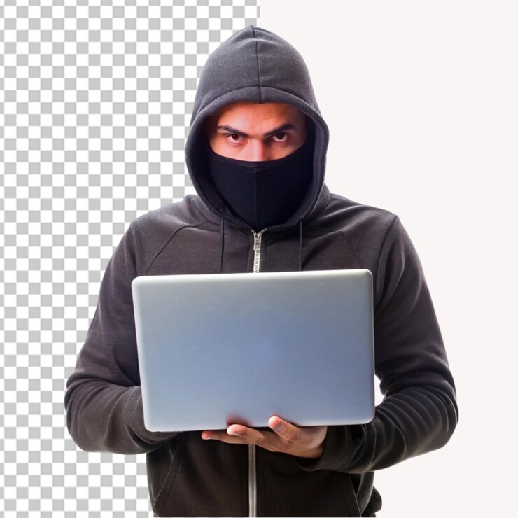 PSD hacker sosteniendo una computadora portátil en un fondo transparente