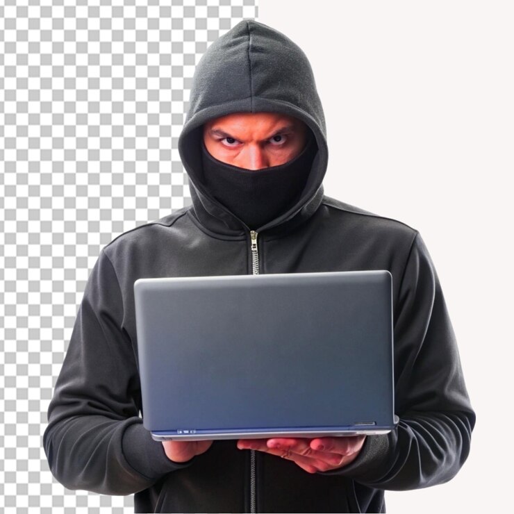 PSD hacker sosteniendo una computadora portátil en un fondo transparente